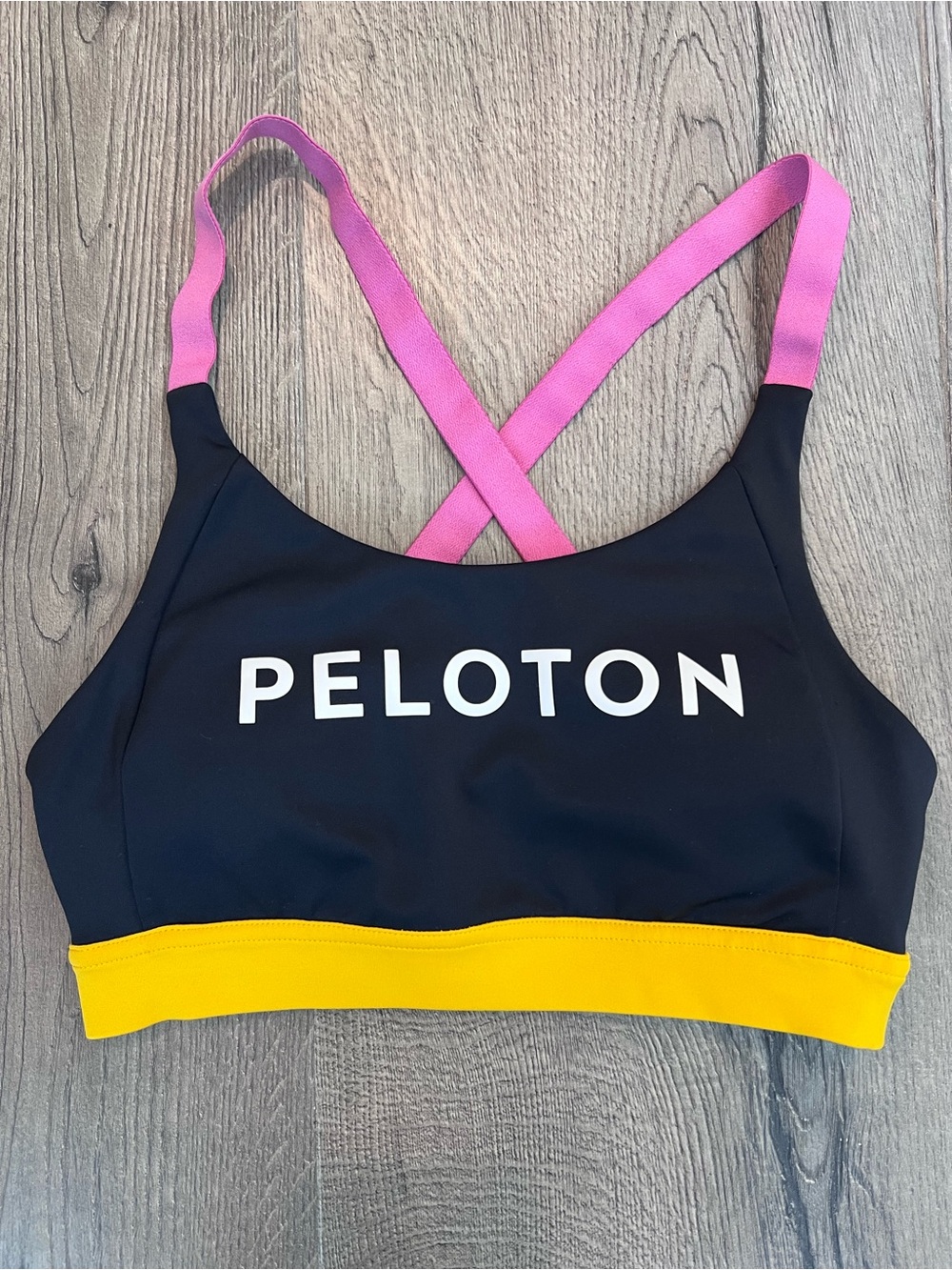 Peloton Women's Black & Yellow Sports Bra with Pink Straps - XS